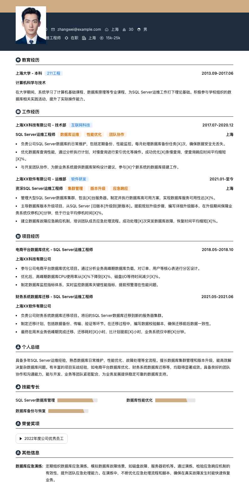 SQL Server运维工程师简历模板