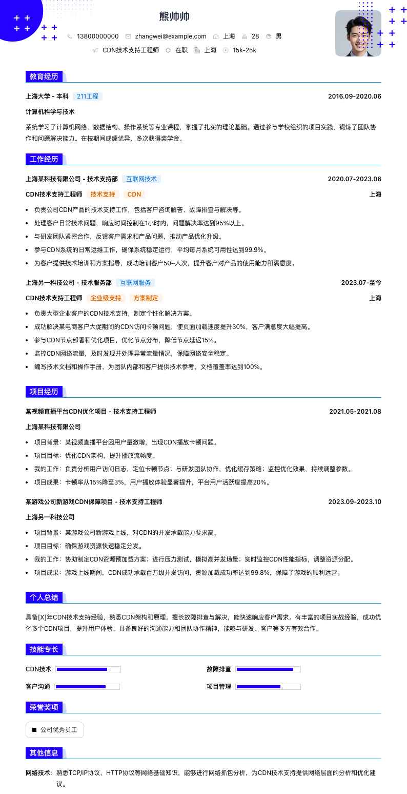 cdn技术支持工程师简历模板